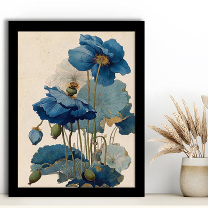 Japanese Woodblock Print, Blue Floral Wall Art, Japanese Home Decor, Framed Art Print, Fine Art Print