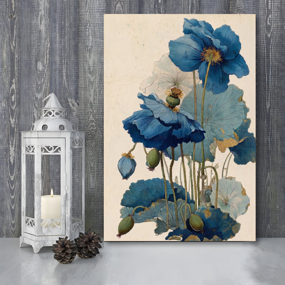 Japanese Woodblock Print, Traditional Ukiyo-E Botanical, Blue Floral Wall Art, Japanese Home Decor, Canvas Print, Canvas Decor