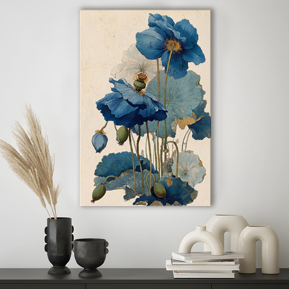 Japanese Woodblock Print, Traditional Ukiyo-E Botanical, Blue Floral Wall Art, Japanese Home Decor, Canvas Print, Canvas Decor