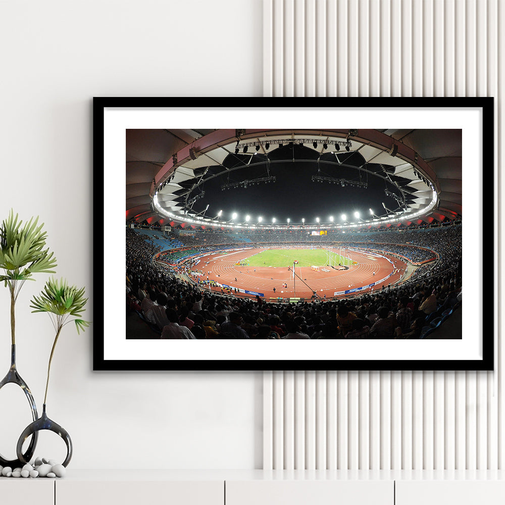 Jawaharlal Nehru Stadium, Stadium Canvas, Sport Art, Gift for him, White Border Framed Art Print Wall Decor