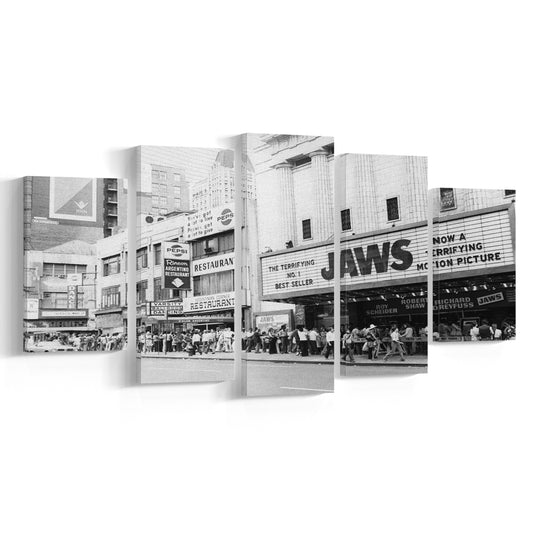 Jaws Opening Day in New York Print, Black and White, Vintage Photography, Mixed 5 Pieces Canvas Print