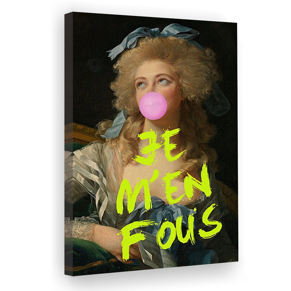 Je M'En Fous Bubble Gum Portrait Wall Art Print Altered Art Vintage Portrait Pink Wall Art, Canvas Prints Wall Art