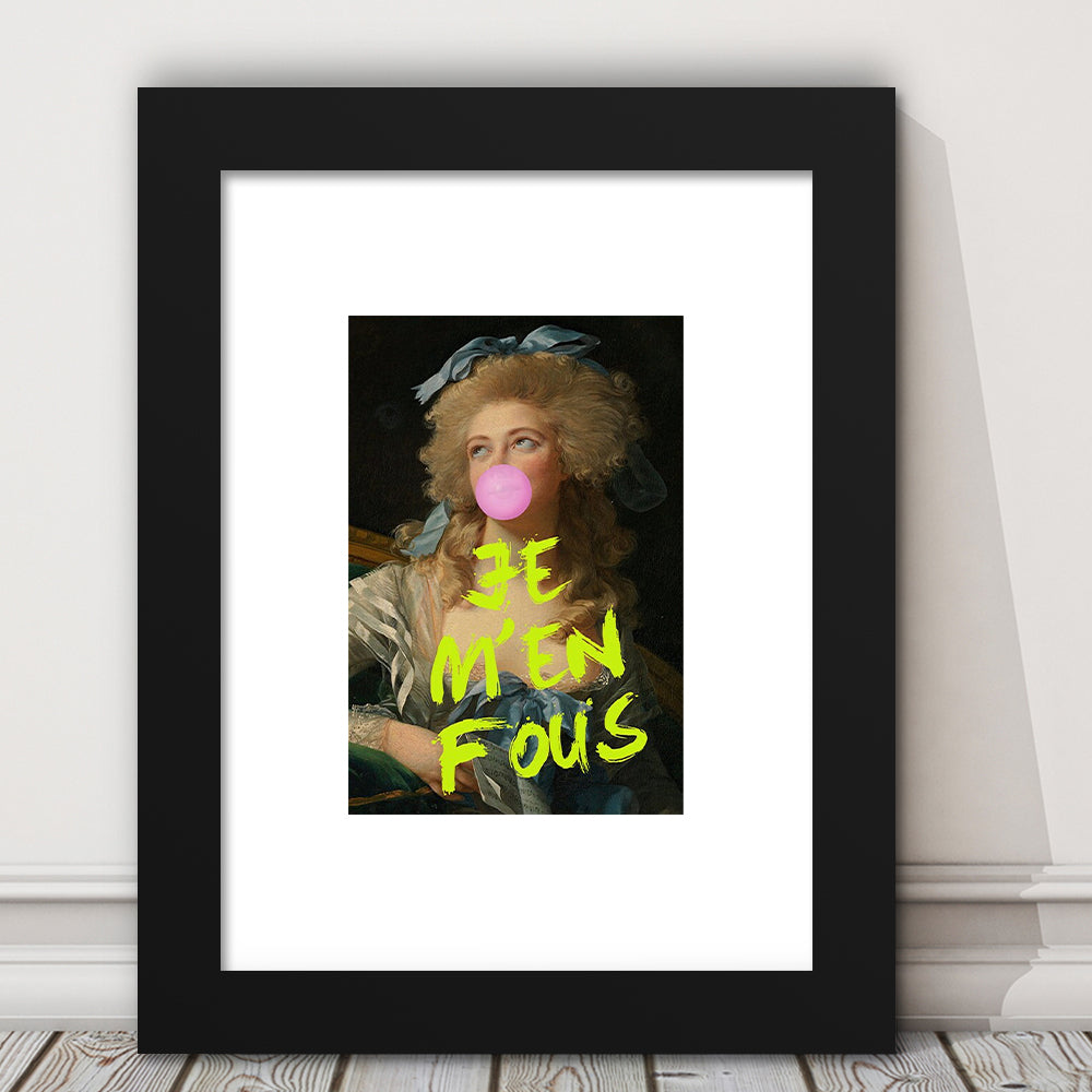 Je M'En Fous Bubble Gum Portrait Wall Art Print Altered Art Vintage Portrait Pink Wall Art, Framed Art Prints White Border