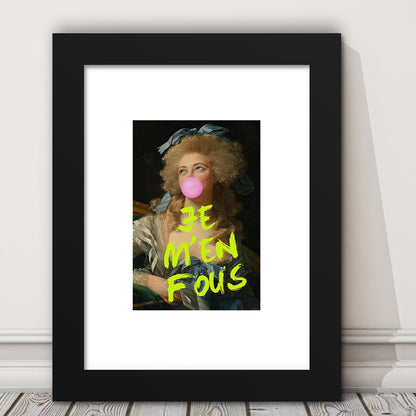 Je M'En Fous Bubble Gum Portrait Wall Art Print Altered Art Vintage Portrait Pink Wall Art, Framed Art Prints White Border
