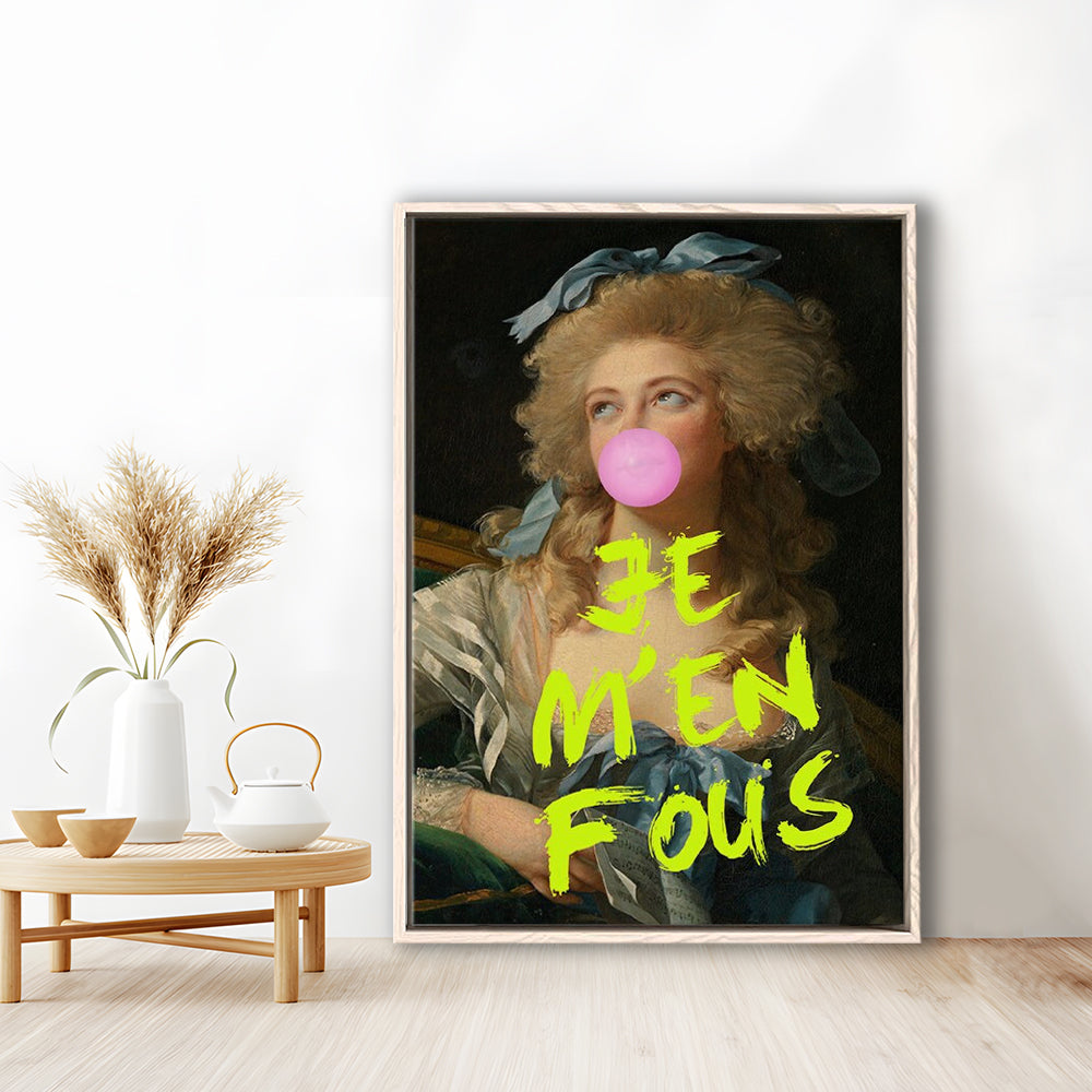 Je M'En Fous Bubble Gum Portrait Wall Art Print, Altered Art Vintage Portrait Pink, Framed Canvas Prints Wall Art