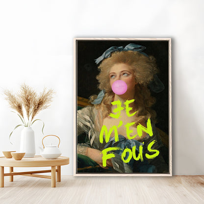 Je M'En Fous Bubble Gum Portrait Wall Art Print, Altered Art Vintage Portrait Pink, Framed Canvas Prints Wall Art
