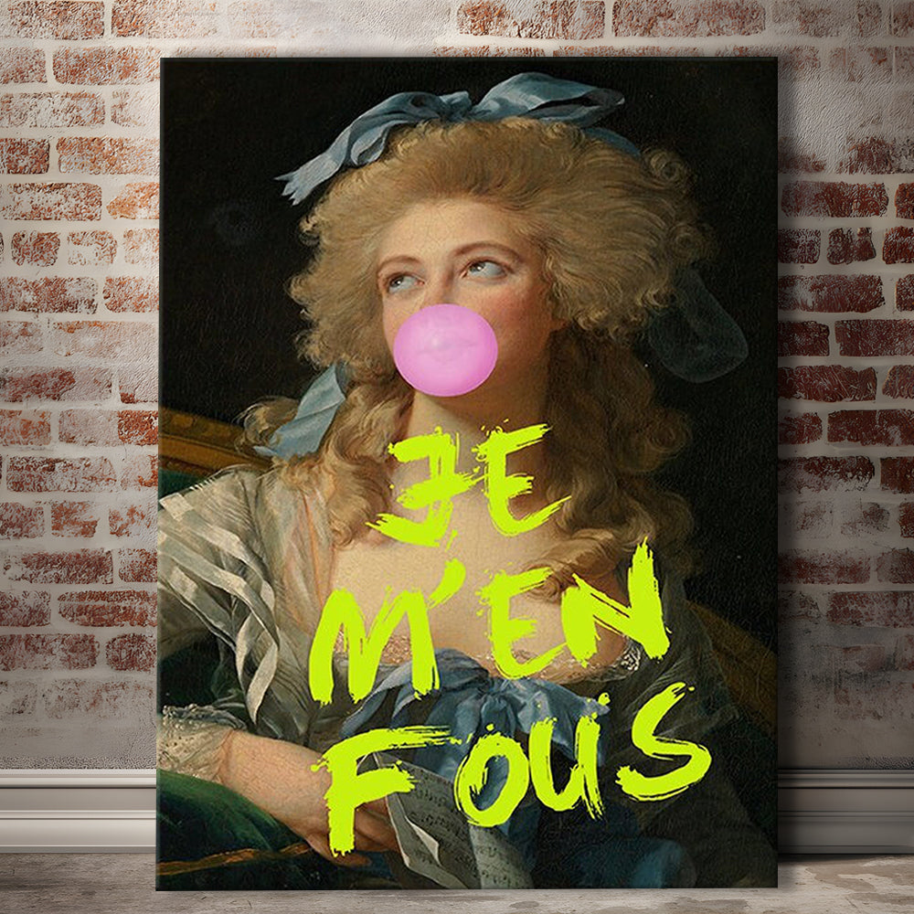 Je M'En Fous Bubble Gum Portrait Wall Art Print Altered Art Vintage Portrait Pink Wall Art, Canvas Prints Wall Art
