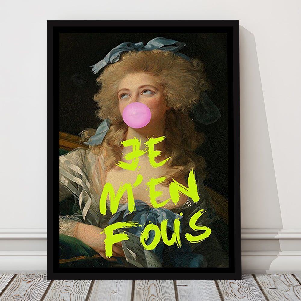 Je M'En Fous Bubble Gum Portrait Wall Art Print, Altered Art Vintage Portrait Pink, Framed Canvas Prints Wall Art