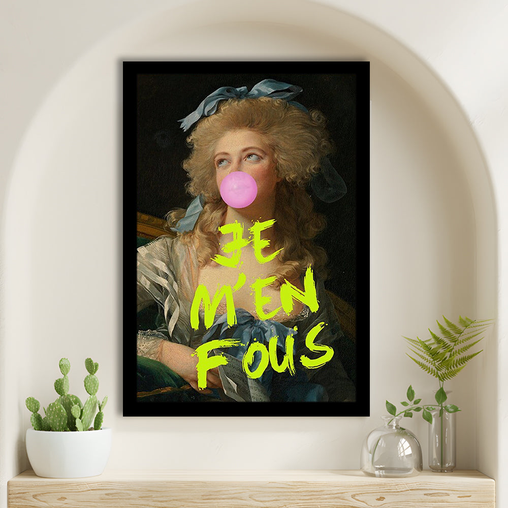 Je M'En Fous Bubble Gum Portrait Wall Art Print Altered Art Vintage Portrait Pink Wall Art, Framed Art Prints Wall Decor