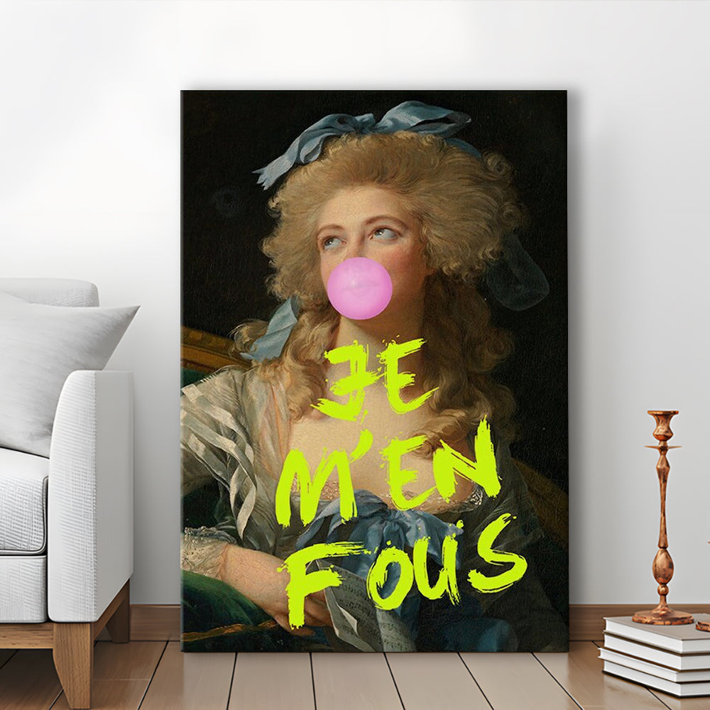 Je M'En Fous Bubble Gum Portrait Wall Art Print Altered Art Vintage Portrait Pink Wall Art, Canvas Prints Wall Art