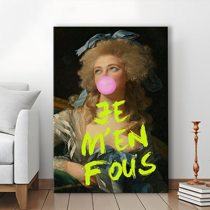 Je M'En Fous Bubble Gum Portrait Wall Art Print Altered Art Vintage Portrait Pink Wall Art, Canvas Prints Wall Art
