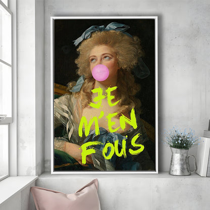 Je M'En Fous Bubble Gum Portrait Wall Art Print, Altered Art Vintage Portrait Pink, Framed Canvas Prints Wall Art