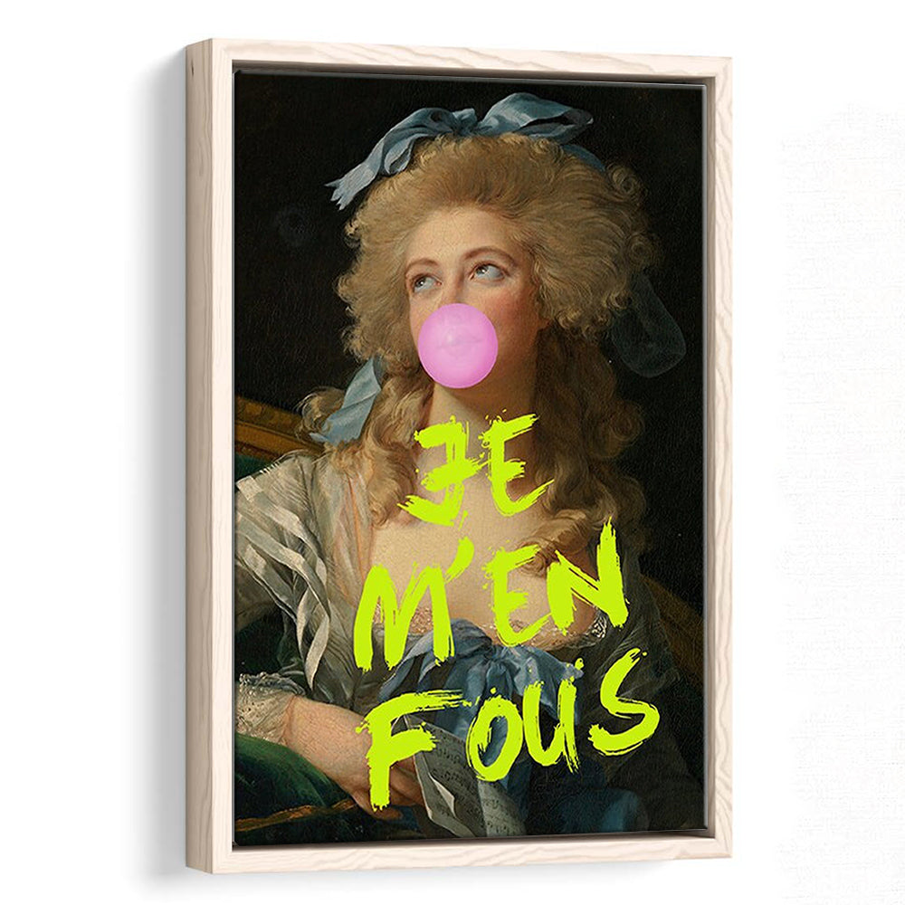 Je M'En Fous Bubble Gum Portrait Wall Art Print, Altered Art Vintage Portrait Pink, Framed Canvas Prints Wall Art