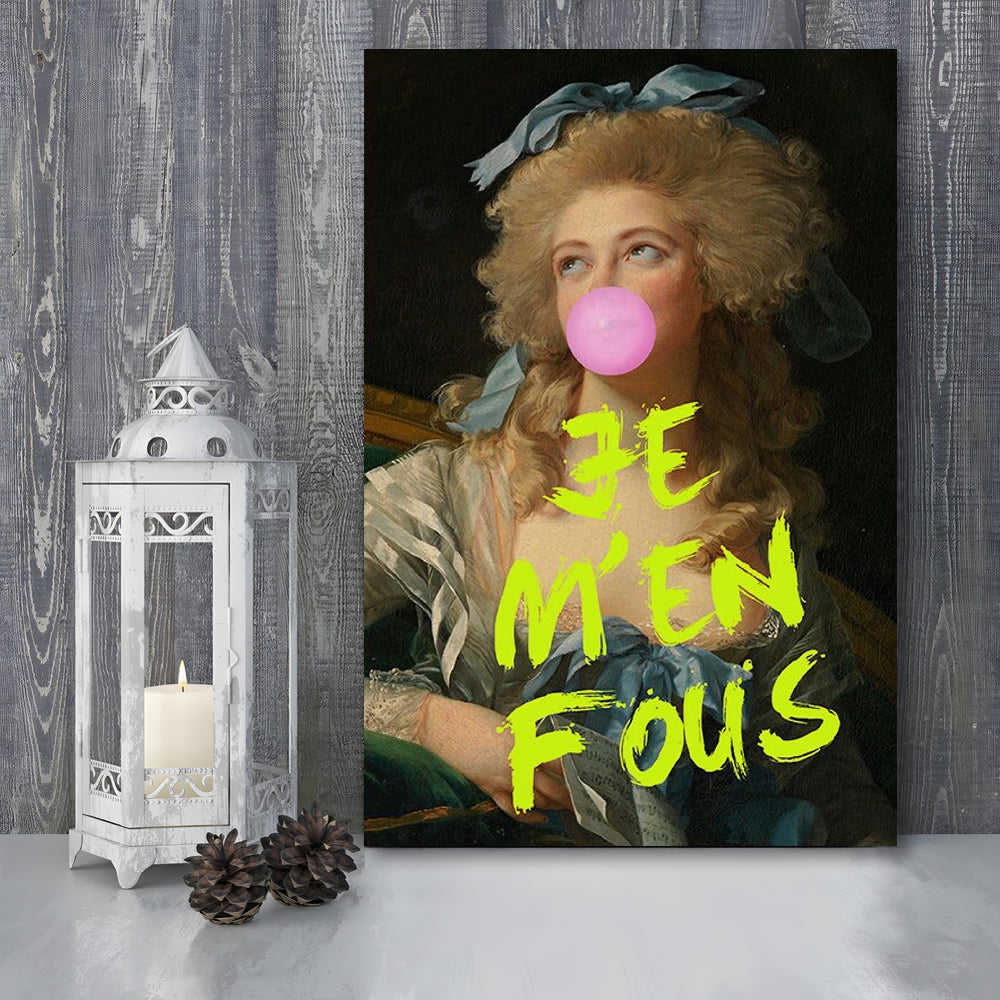 Je M'En Fous Bubble Gum Portrait Wall Art Print Altered Art Vintage Portrait Pink Wall Art, Canvas Prints Wall Art