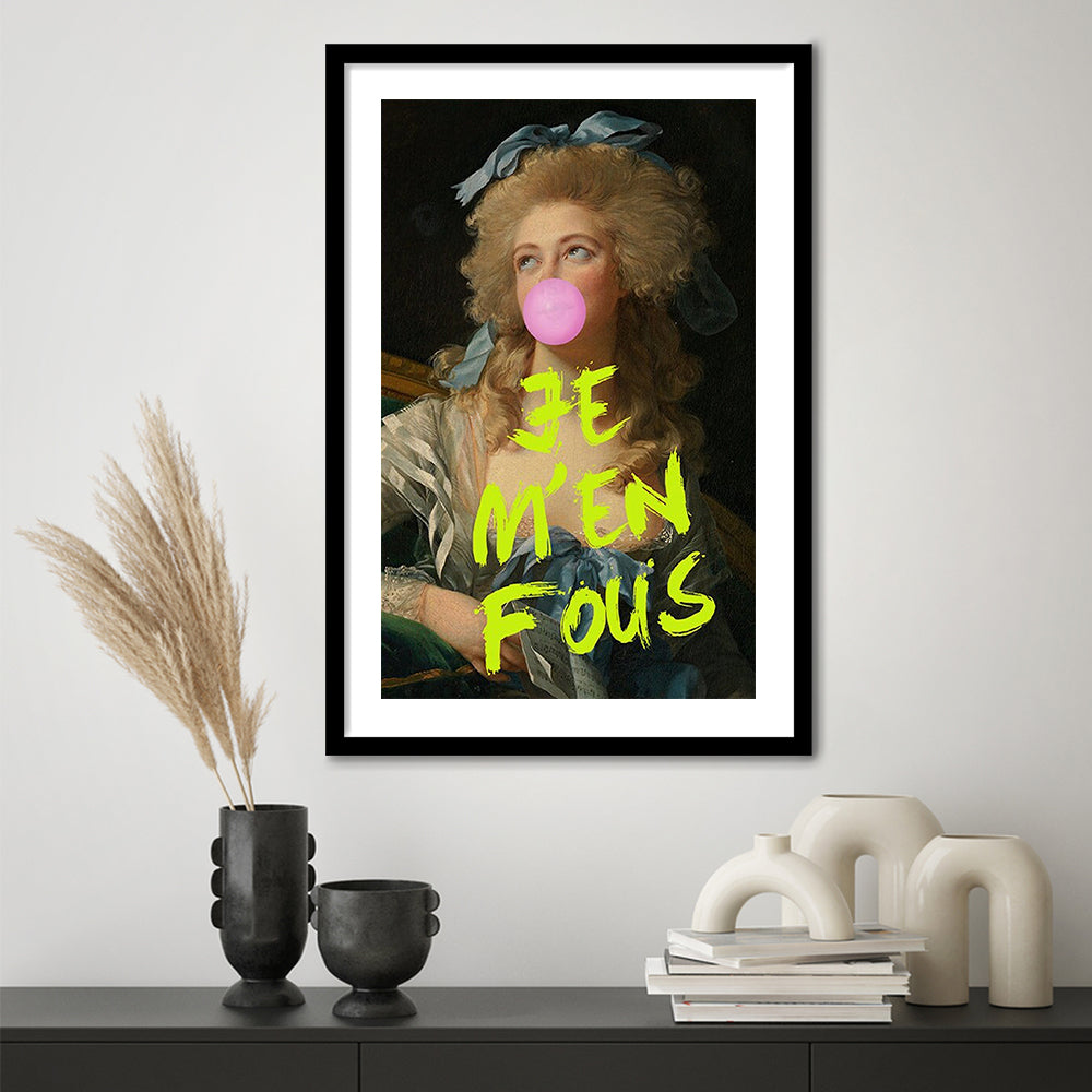 Je M'En Fous Bubble Gum Portrait Wall Art Print Altered Art Vintage Portrait Pink Wall Art, Framed Art Prints White Border