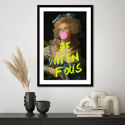 Je M'En Fous Bubble Gum Portrait Wall Art Print Altered Art Vintage Portrait Pink Wall Art, Framed Art Prints White Border