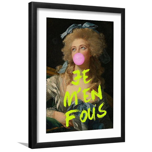 Je M'En Fous Bubble Gum Portrait Wall Art Print Altered Art Vintage Portrait Pink Wall Art, Framed Art Prints White Border