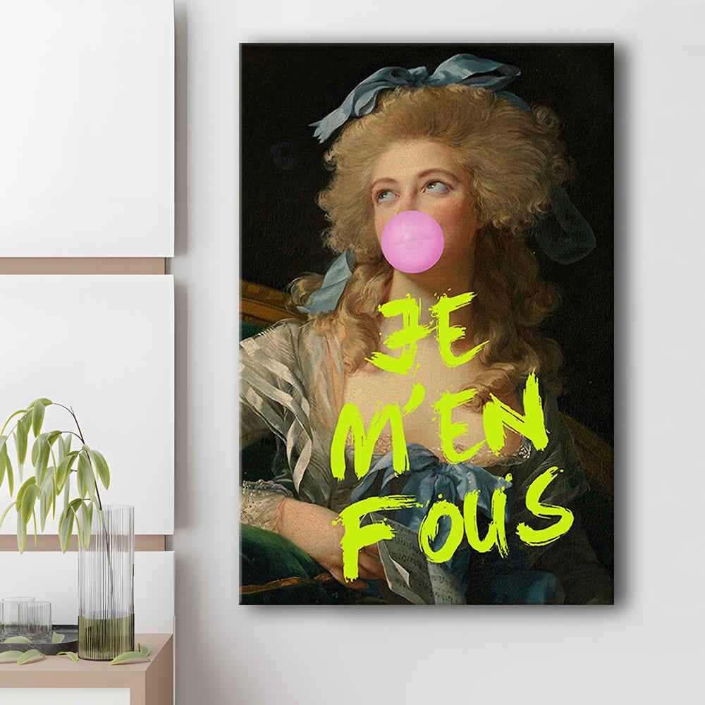 Je M'En Fous Bubble Gum Portrait Wall Art Print Altered Art Vintage Portrait Pink Wall Art, Canvas Prints Wall Art