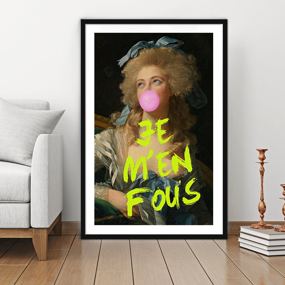 Je M'En Fous Bubble Gum Portrait Wall Art Print Altered Art Vintage Portrait Pink Wall Art, Framed Art Prints White Border