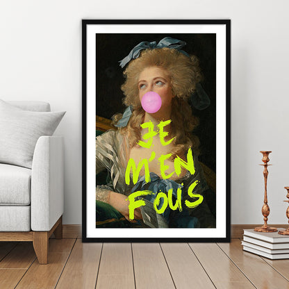 Je M'En Fous Bubble Gum Portrait Wall Art Print Altered Art Vintage Portrait Pink Wall Art, Framed Art Prints White Border