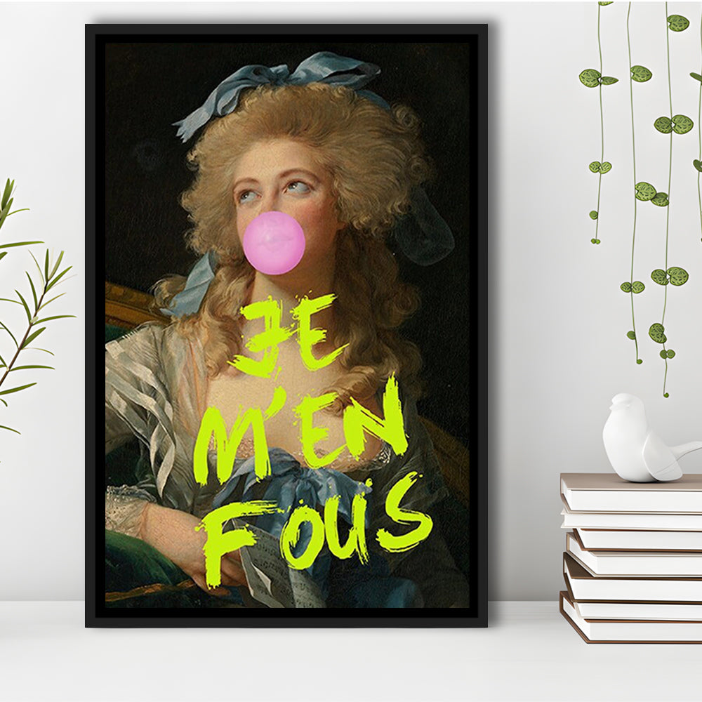 Je M'En Fous Bubble Gum Portrait Wall Art Print, Altered Art Vintage Portrait Pink, Framed Canvas Prints Wall Art