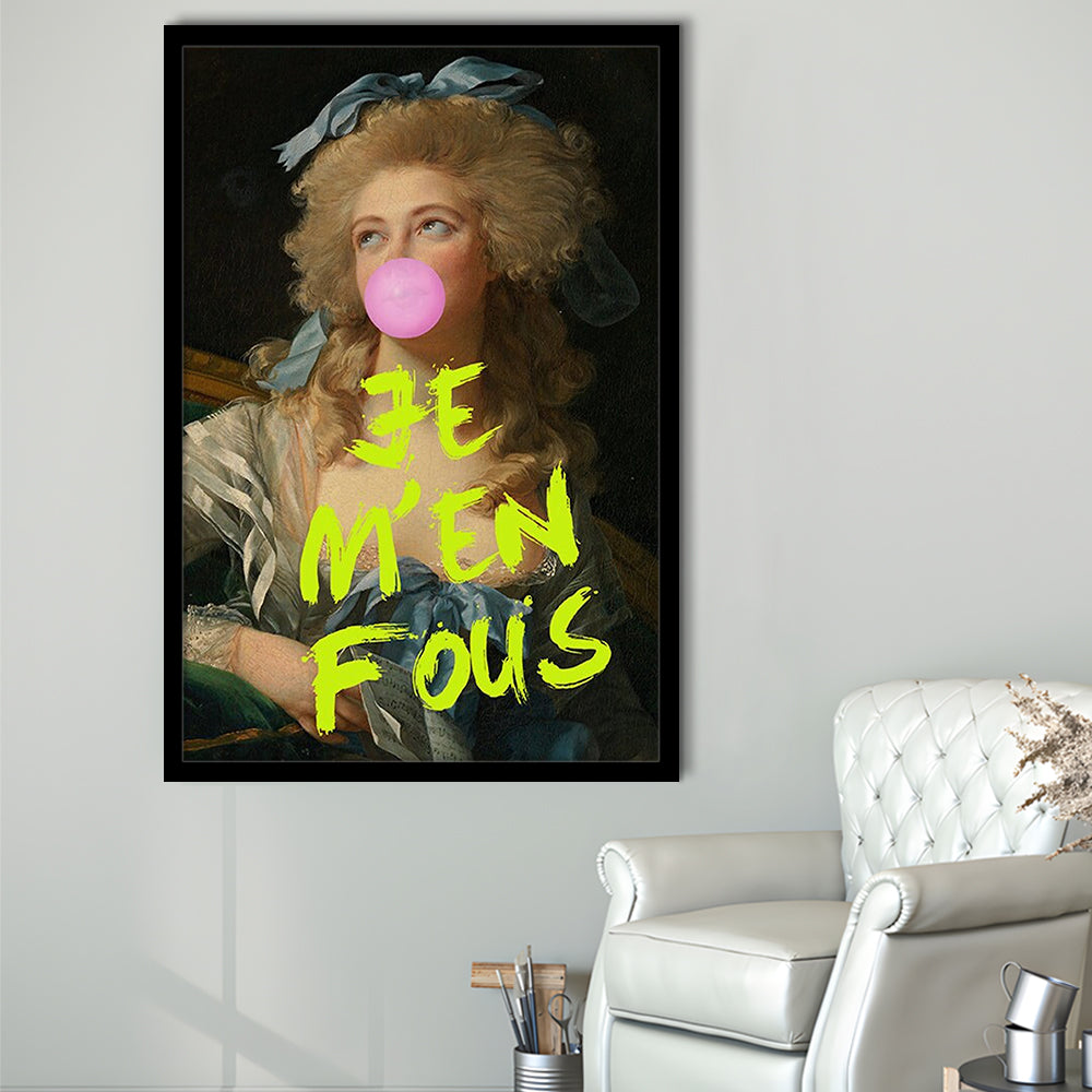 Je M'En Fous Bubble Gum Portrait Wall Art Print Altered Art Vintage Portrait Pink Wall Art, Framed Art Prints Wall Decor