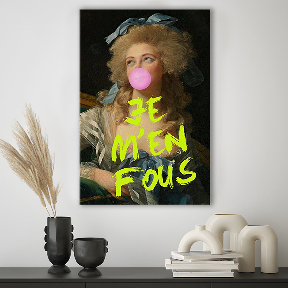 Je M'En Fous Bubble Gum Portrait Wall Art Print Altered Art Vintage Portrait Pink Wall Art, Canvas Prints Wall Art