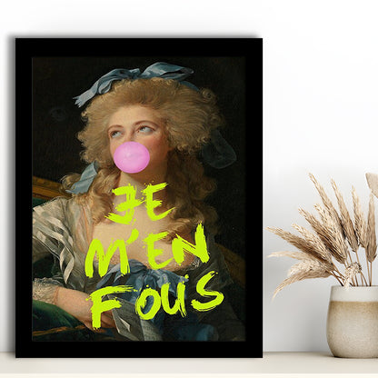 Je M'En Fous Bubble Gum Portrait Wall Art Print Altered Art Vintage Portrait Pink Wall Art, Framed Art Prints Wall Decor