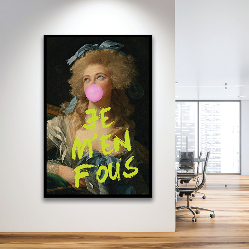 Je M'En Fous Bubble Gum Portrait Wall Art Print Altered Art Vintage Portrait Pink Wall Art, Framed Art Prints Wall Decor