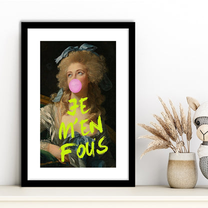 Je M'En Fous Bubble Gum Portrait Wall Art Print Altered Art Vintage Portrait Pink Wall Art, Framed Art Prints White Border