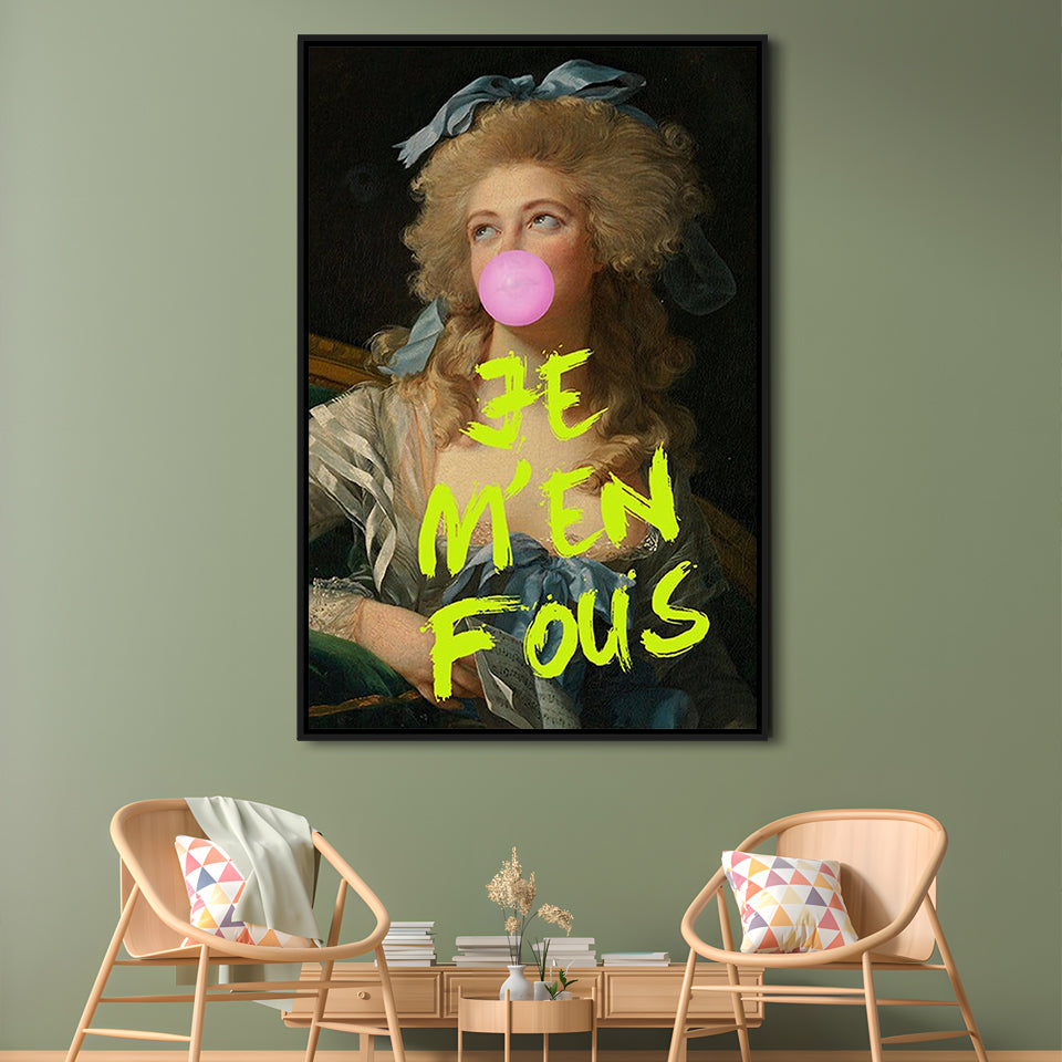 Je M'En Fous Bubble Gum Portrait Wall Art Print, Altered Art Vintage Portrait Pink, Framed Canvas Prints Wall Art
