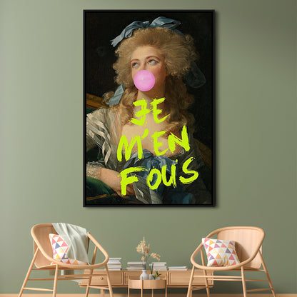 Je M'En Fous Bubble Gum Portrait Wall Art Print, Altered Art Vintage Portrait Pink, Framed Canvas Prints Wall Art