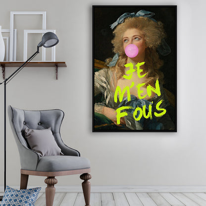 Je M'En Fous Bubble Gum Portrait Wall Art Print, Altered Art Vintage Portrait Pink, Framed Canvas Prints Wall Art
