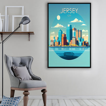 Jersey City Retro Art Print, Jersey City City Wall Art, Floating Framed Canvas Print, Framed Picture, Painting Canvas