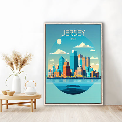 Jersey City Retro Art Print, Jersey City City Wall Art, Floating Framed Canvas Print, Framed Picture, Painting Canvas