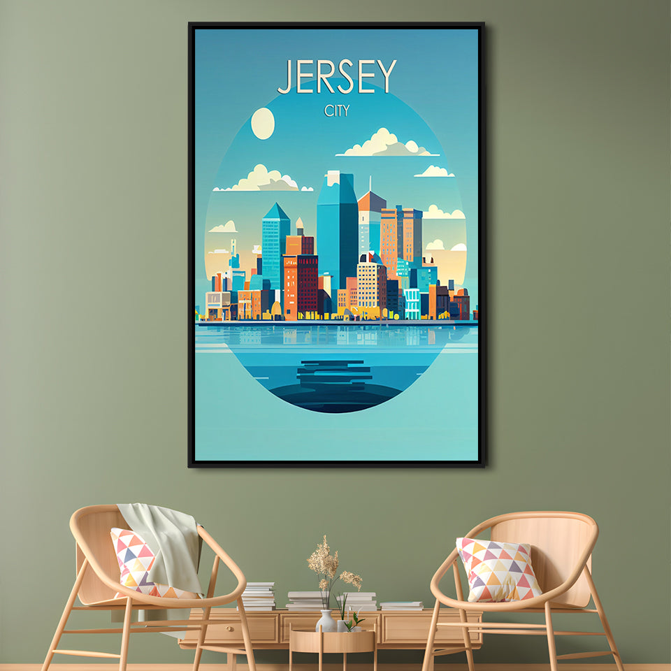 Jersey City Retro Art Print, Jersey City City Wall Art, Floating Framed Canvas Print, Framed Picture, Painting Canvas