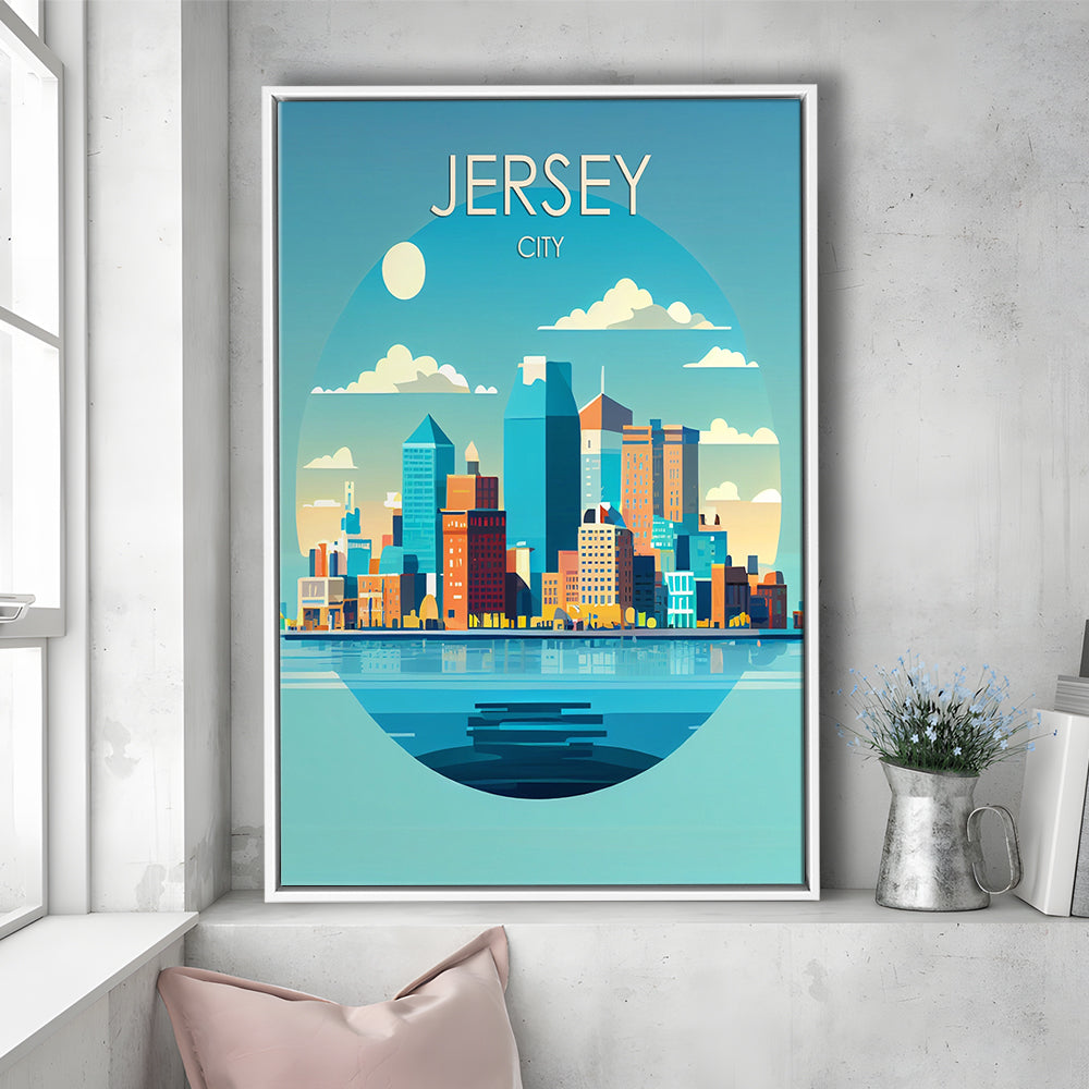 Jersey City Retro Art Print, Jersey City City Wall Art, Floating Framed Canvas Print, Framed Picture, Painting Canvas