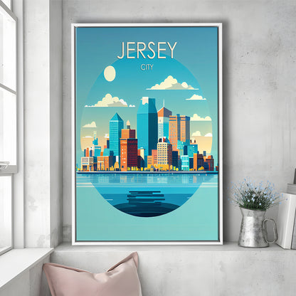 Jersey City Retro Art Print, Jersey City City Wall Art, Floating Framed Canvas Print, Framed Picture, Painting Canvas