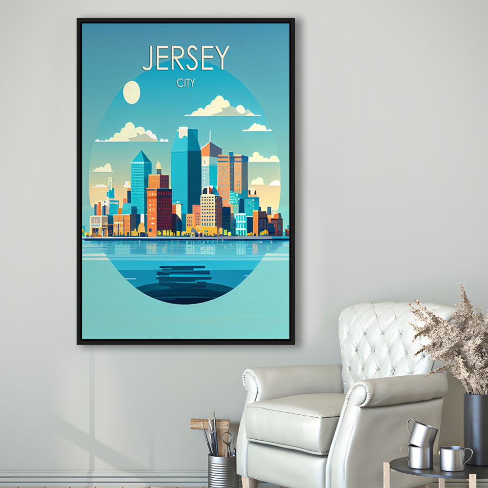 Jersey City Retro Art Print, Jersey City City Wall Art, Floating Framed Canvas Print, Framed Picture, Painting Canvas