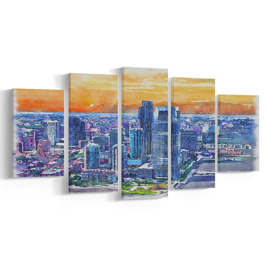 Jersey City Watercolor Painting Canvas, Jersey City New Jersey, Sport Art, Mixed 5 Panel, Canvas Print Wall Art