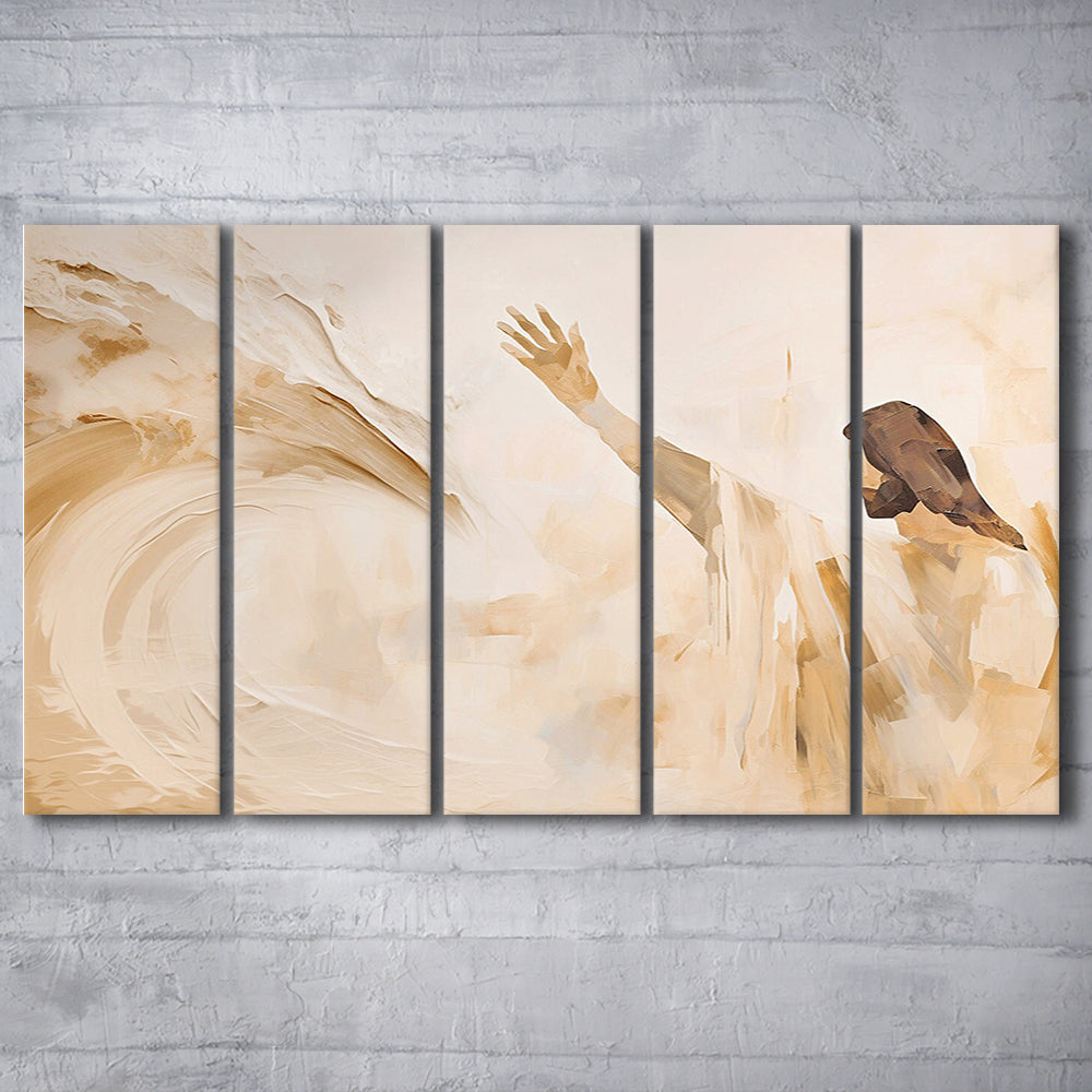 Jesus Calms the Storm, Hush Be Still,Christian Faith, Religious Gift, 5 Panel B Canvas Print Wall Art, Extra Large Canvas
