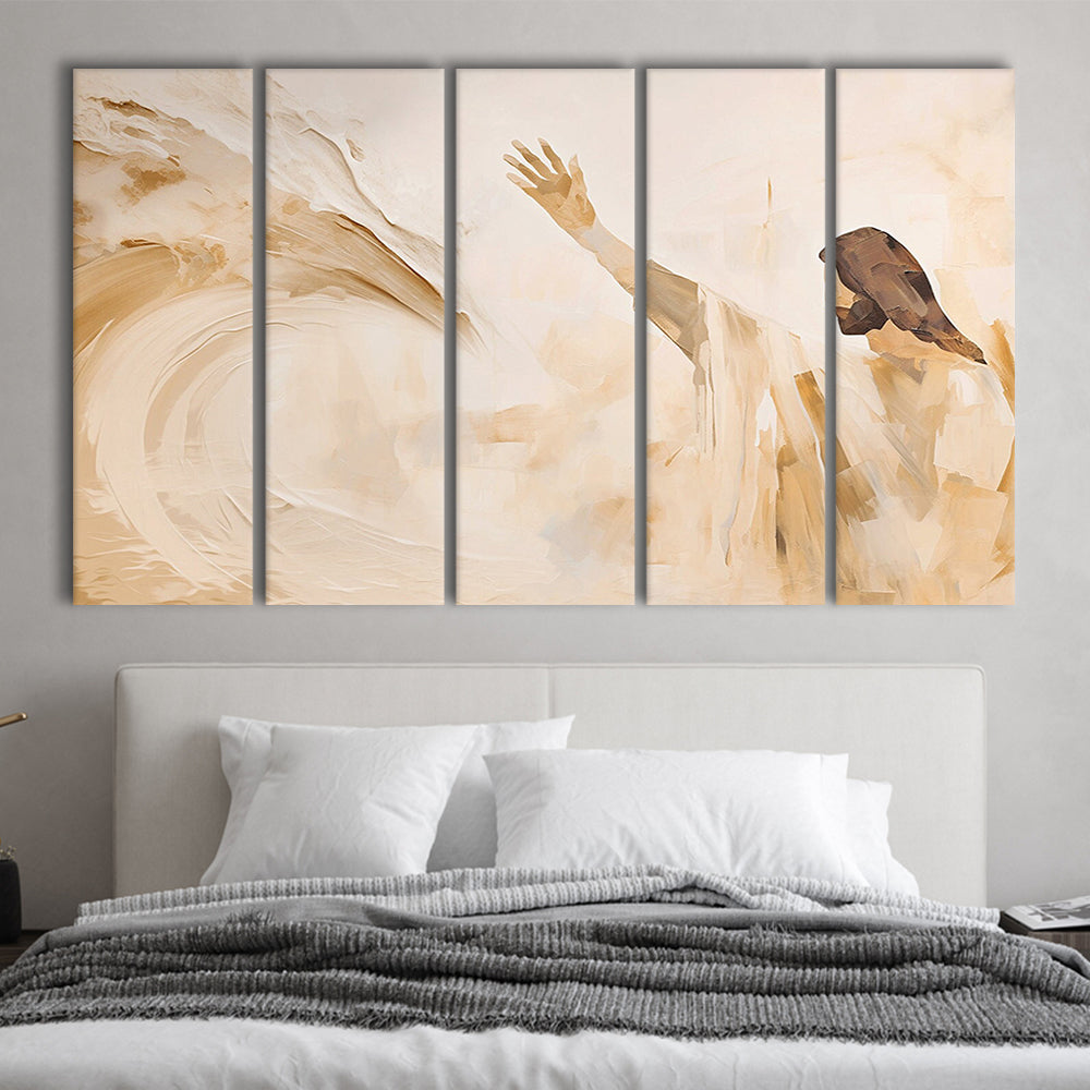 Jesus Calms the Storm, Hush Be Still,Christian Faith, Religious Gift, 5 Panel B Canvas Print Wall Art, Extra Large Canvas
