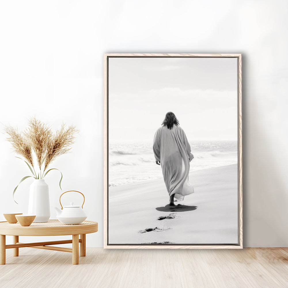 Jesus on Beach Art Print Modern Black and White Religious Gift!, Framed Canvas Print Wall Art, Floating Frame