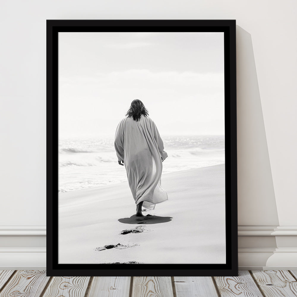 Jesus on Beach Art Print Modern Black and White Religious Gift!, Framed Canvas Print Wall Art, Floating Frame