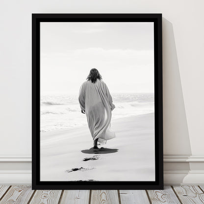 Jesus on Beach Art Print Modern Black and White Religious Gift!, Framed Canvas Print Wall Art, Floating Frame