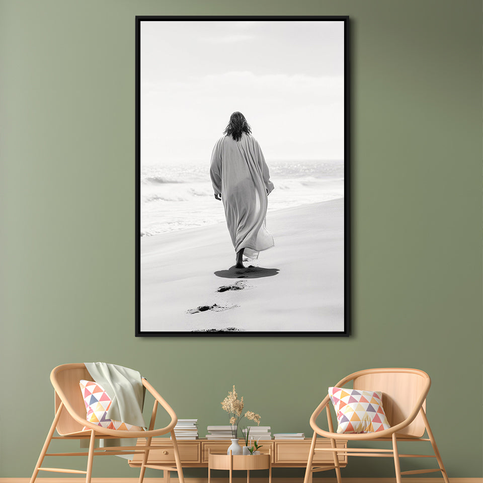 Jesus on Beach Art Print Modern Black and White Religious Gift!, Framed Canvas Print Wall Art, Floating Frame