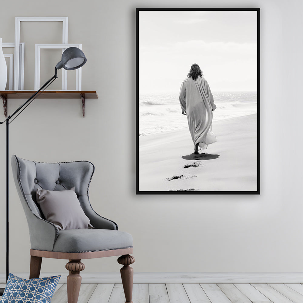 Jesus on Beach Art Print Modern Black and White Religious Gift!, Framed Canvas Print Wall Art, Floating Frame