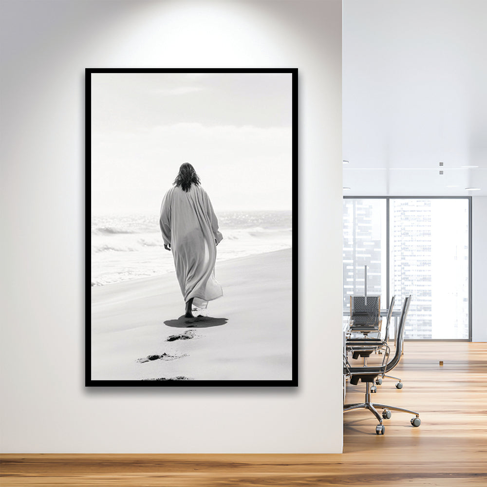 Jesus on Beach Art Print Modern Black and White Religious Gift!, Framed Art Print Wall Decor, Picture Framed