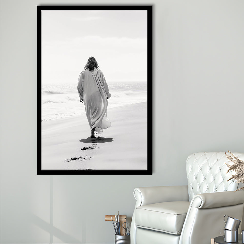 Jesus on Beach Art Print Modern Black and White Religious Gift!, Framed Art Print Wall Decor, Picture Framed
