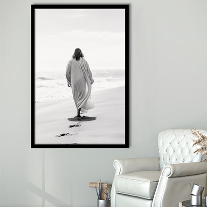 Jesus on Beach Art Print Modern Black and White Religious Gift!, Framed Art Print Wall Decor, Picture Framed